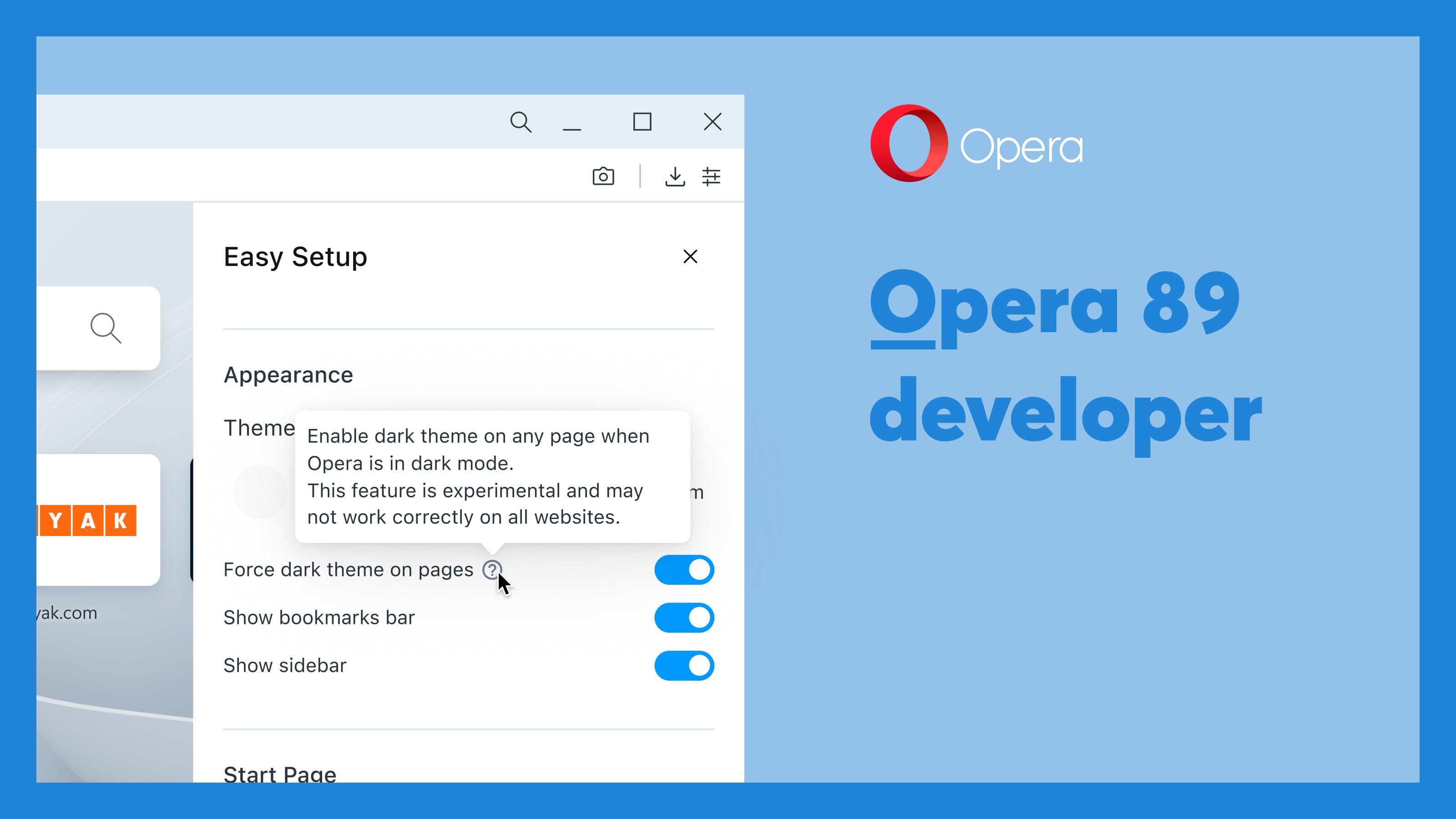「Opera Developer 89.0.4436.0」、ウェブページをダークモードに変更可能に