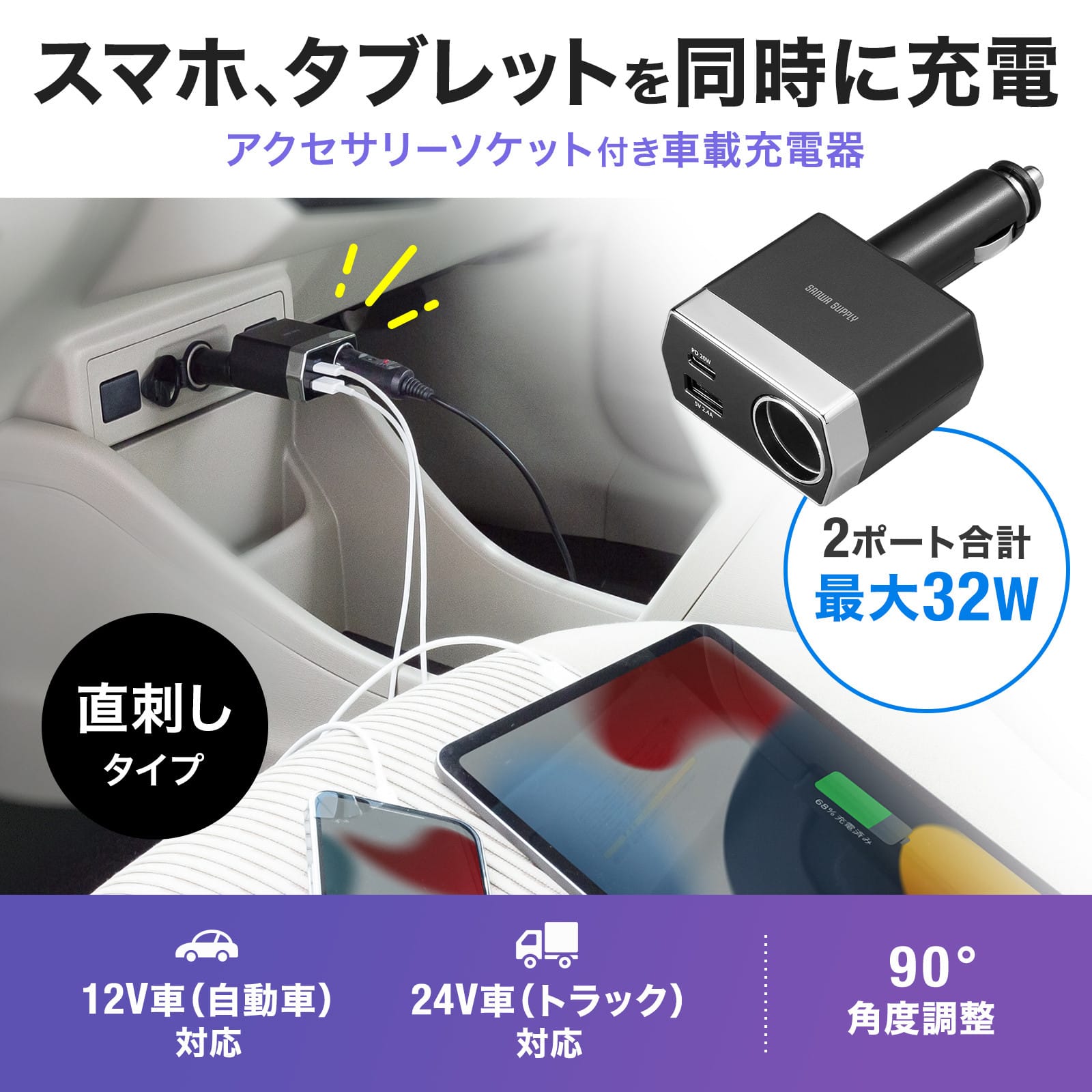 サンワサプライ、USB-C＆USBーA搭載のカーチャージャー2タイプ発売