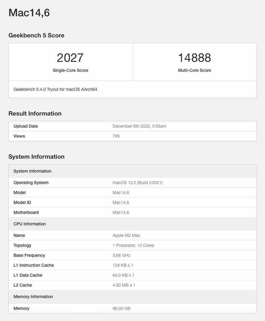 「M2 Max」搭載Macの新たなベンチマークスコアがGeekbenchに出現