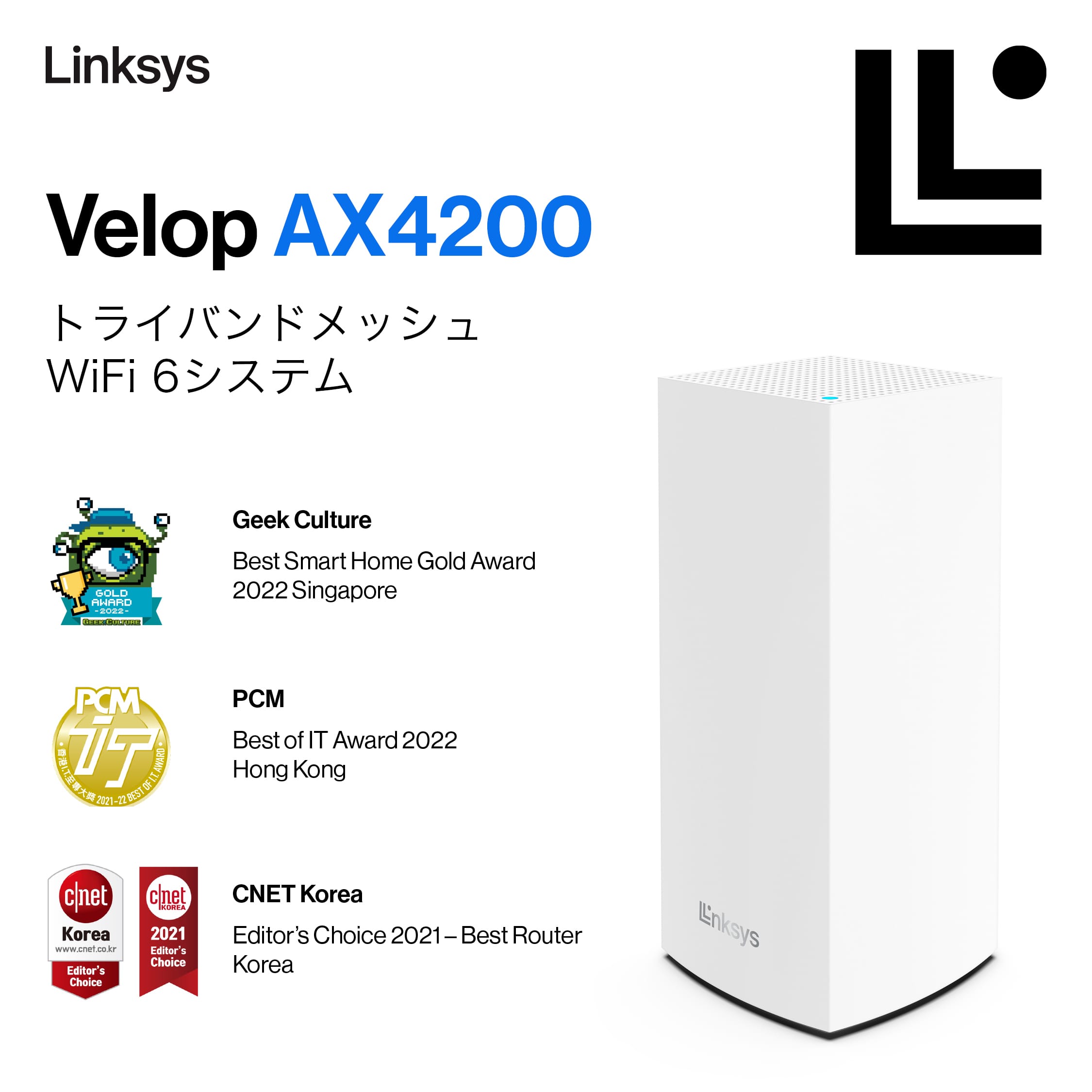 LinksysのトライバンドメッシュWi-Fi 6ルーター「Velop AX4200」が最大19%オフ