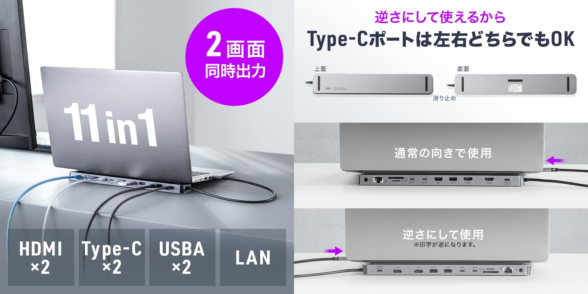 サンワサプライ、ノートPCの下に設置できる11-in-1 USB-Cドックを発売