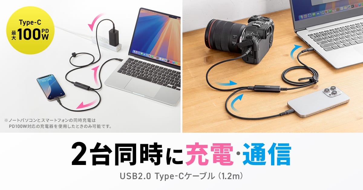 サンワサプライ、2台同時充電・データ転送対応の二股USB-Cケーブルを発売